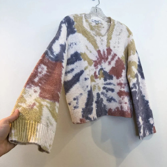 Madewell Cotton Waffle Knit Tie Dye Crew Neck Bell Sleeve Oversized Sweater XS - Picture 3 of 6